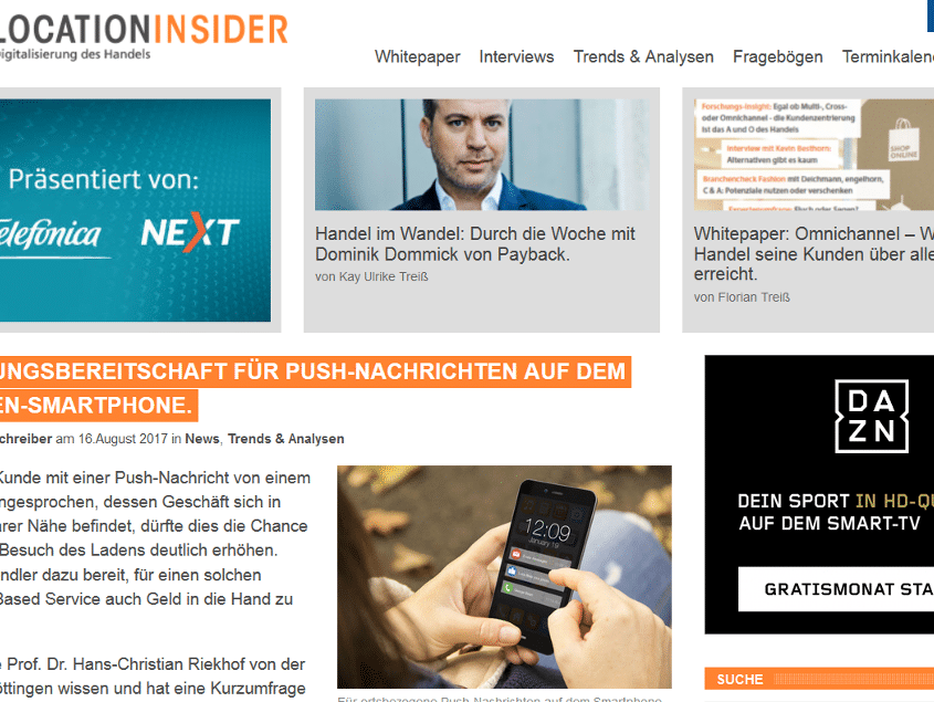 Das Online-Handelsmagazin Locationinsider greift die Studie von Prof. Dr. Riekhof auf.
