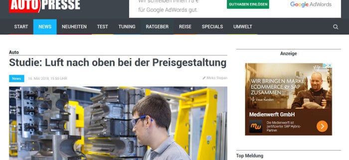 The online industry magazine "AutoPresse" reports on the results of the pricing study on auto suppliers by pricing expert Prof. Dr. Hans-Christian Riekhof.
