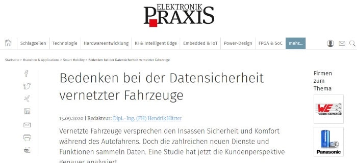 The online electronics journal elektronikpraxis.vogel.de reports on the study of Connected Car Services (Riekhof/Scholz 2020, PFH). The magazine particularly highlights one aspect that the study revealed: the concerns of many drivers about the data security of networked vehicles.
