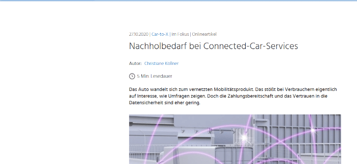 The online platform Springer Professional is currently reporting on vehicle connectivity (Car-2-X) and also covers the much-noticed Connected-Car-Services study by PFH (Riekhof/Scholz, 2020).