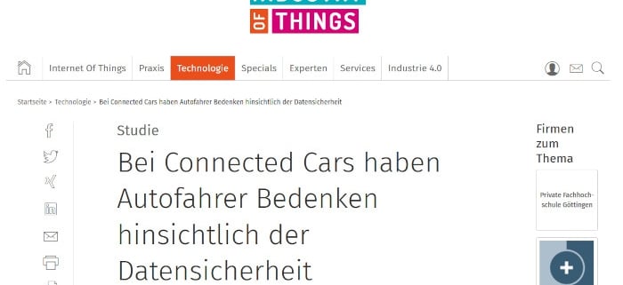The study "Connected Car Services in Germany (Riekhof/Scholz, 2020, Private University of Göttingen) is now a detailed topic on the internet portal "Industry of Things". Against the backdrop of the development towards electromobility, the study reveals exciting insights.