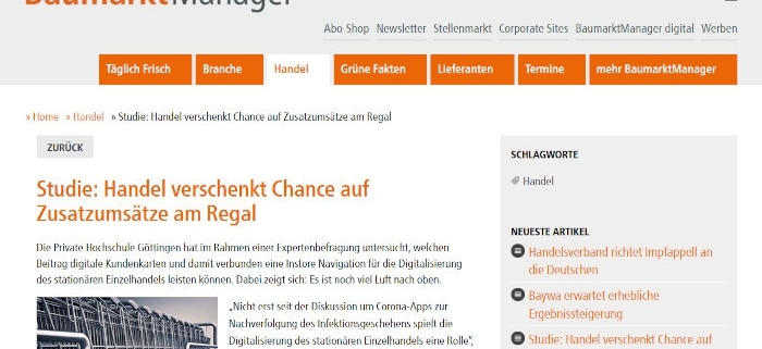 The trade magazine Hardware Store Manager now reports on the results of the study "Instore Navigation in German Retail" (2021, Riekhof/Grüneklee/Reutel). An expert survey among retail managers made it clear that there is still room for improvement in the exploitation of digital possibilities.