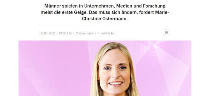 Marie-Christine Ostermann advocates in Handelsblatt in a guest article for more visibility of women in the (media) public: a very exciting perspective in a long-standing debate. Visibility is a currency that is rarely so clearly addressed.